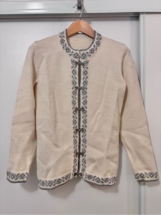Handmade Sweaters - Nordic Fair Isle Cardigan Size M Cottagecore Handmade Folk Metal Clasp Scandi
